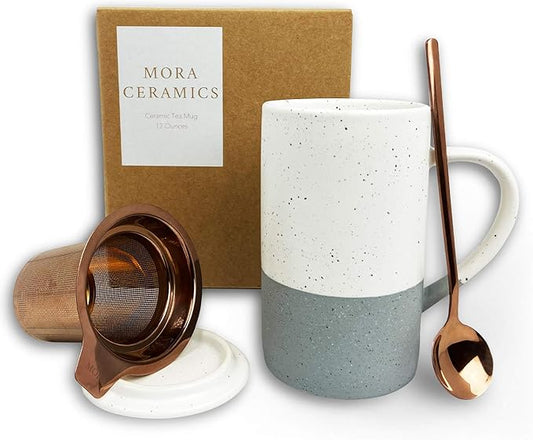 Mora Ceramics Tea Cup with Loose Leaf Infuser, Spoon and Lid, 12 oz, Microwave and Dishwasher Safe Coffee Mug - Rustic Matte Ceramic Glaze, Modern Herbal Tea Strainer - Great Gift for Women, Flint - Bloomnest
