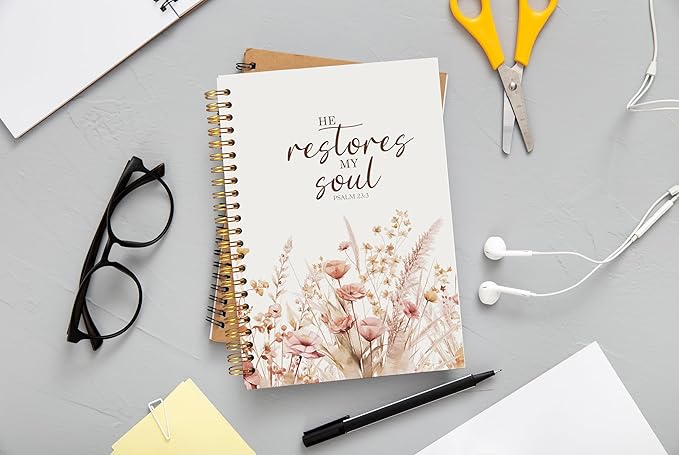 Christian Notebook for Women, Christian Art Gifts Journal, Prayer Journal for Women, Bible Journaling Notebook, PSALM 23:3 He Restores My Soul Floral Spiral Notebook 5.5x8.3 - Bloomnest