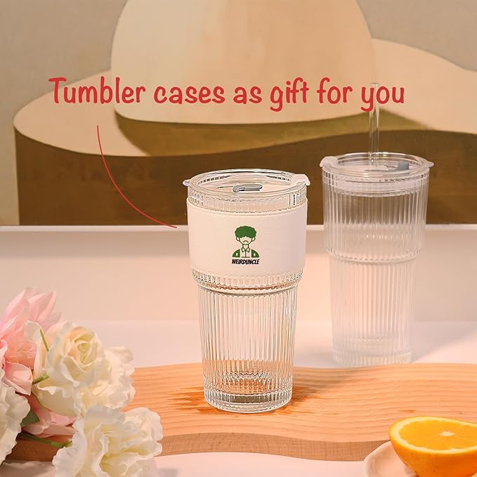 Set of 2 Ribbed Glass Tumbler with Lids and Straws, 20oz Vintage Clear Glass cups, Large capacity, Unbreakable, Fluted Design, Ideal for Travel, Iced Coffee,Smoothie, Tea, Latte, Gift