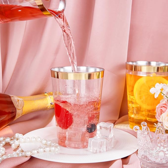 I00000 50 Pack 12 oz Gold Plastic Cups, Gold Rimmed Disposable Cups, Disposable Plastic Wine Glasses Cocktail Glasses Heavy Duty Cup with Golden Rim, 12 Ounce Tumblers for Party & Wedding - Bloomnest