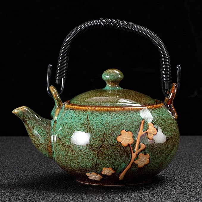 KEYDUACU Japanese Tea Set, Kiln-Formed Ceramic Tea Set, Plum Blossom Embossed, Includes 1 Teapot, 6 Teacups,Tea Tray,Strainer, Used for home, outdoor, gift, Chinese Kung Fu Tea Set(FDMH-GREEN) - Bloomnest