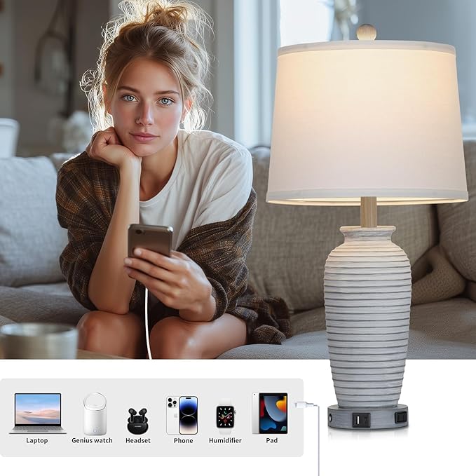 25" Vintage Farmhouse Jar Table Lamps, Single Rustic Bedside Lamp with USB A+C Ports & AC Outlet, Nightstand Lamps for Living Room, Bedroom, End Table, Grey White(LED Bulb Included) - Bloomnest