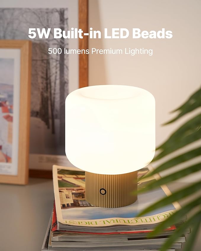 Halo Mushroom Lamp, 5W Cute Cordless Rechargeable Table Lamp with Glass Shade, 3 Color Temps LED Dimmable Ambient Lighting, Small Retro Touch Bedside Light for Bedroom Decor, Mustard Yellow - Bloomnest