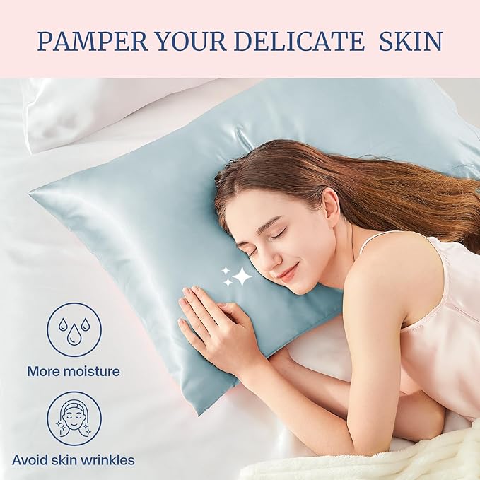 BEDELITE Satin Pillowcase for Hair and Skin, Super Soft and Cooling Similar to Silk Pillow Cases 2 Pack with Envelope Closure, Gift for Women Men(20"x26" Standard Size, Stone Blue) - Bloomnest