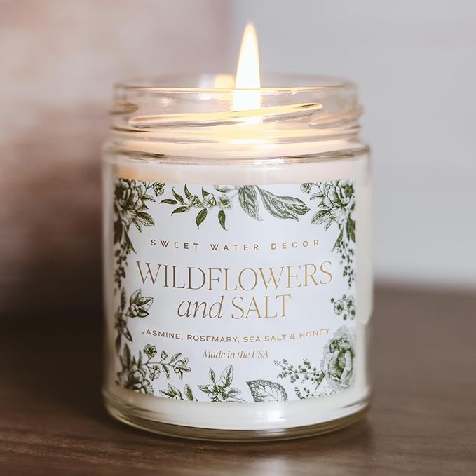 Sweet Water Decor Wildflowers and Salt Patterned Candle – Soy Candles with Rosemary, Lily, Honey, Violet, Amber, Musk Aroma– 40 Hour Burn – 9oz Clear Glass Jar – Ideal for Valentines Presents - Bloomnest