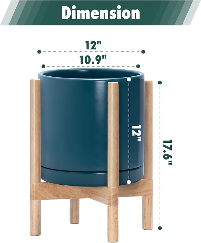 D'vine Dev Ceramic Planter with Natural Stand - 12 Inch Modern Round Flower Pot with Wood Planter Holder, Teal, 55-B-J-4 - Bloomnest