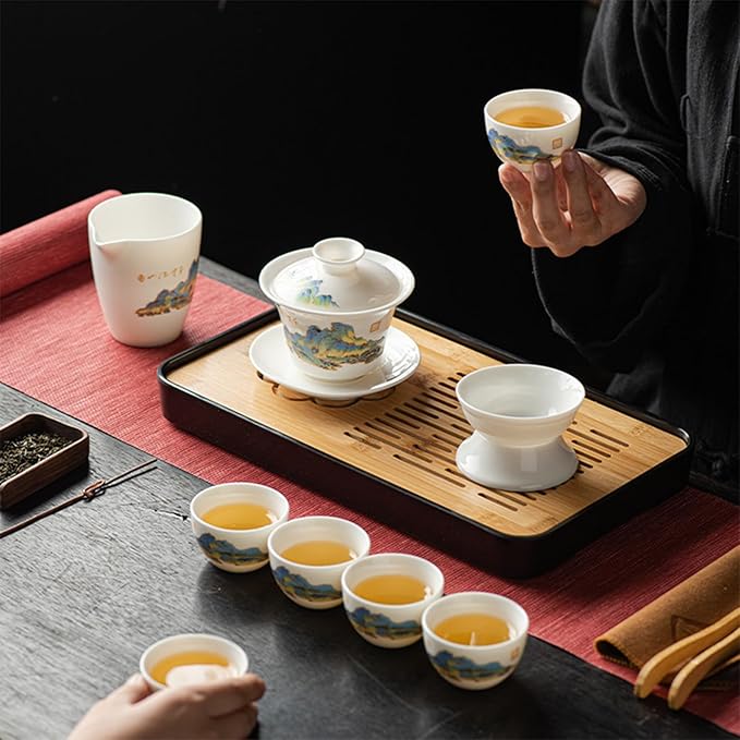 LURRIER Gongfu tea sets, Portable Ceramic TeaSet, Asian Tea sets for adult, Tea Gift sets, Grey leather case, Portable Travel Bag,Home,Gifting,Outdoor and Office(White Jade Thouand Mile and Mountain) - Bloomnest