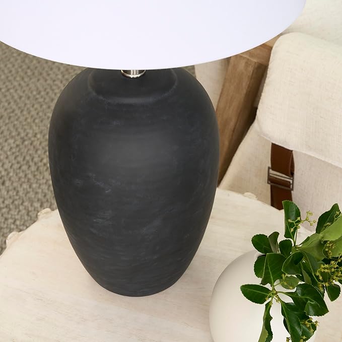 Nourison Home 23" Black Vintage Distressed Ceramic Pot Table Lamp for Bedroom, Living Room, End Table, with White Tapered Drum Shade - Bloomnest