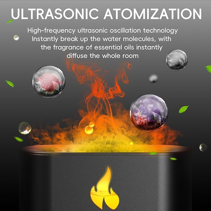 Essential Oil Diffuser, Fireplace Flame Fire Oil Diffuser, 250ml Himalayan Salt Lamp Diffuser, Cool Mist Aromatherapy Humidifier with 7 Colors Light, Timer & Auto-Off for Home, Room (Black) - Bloomnest