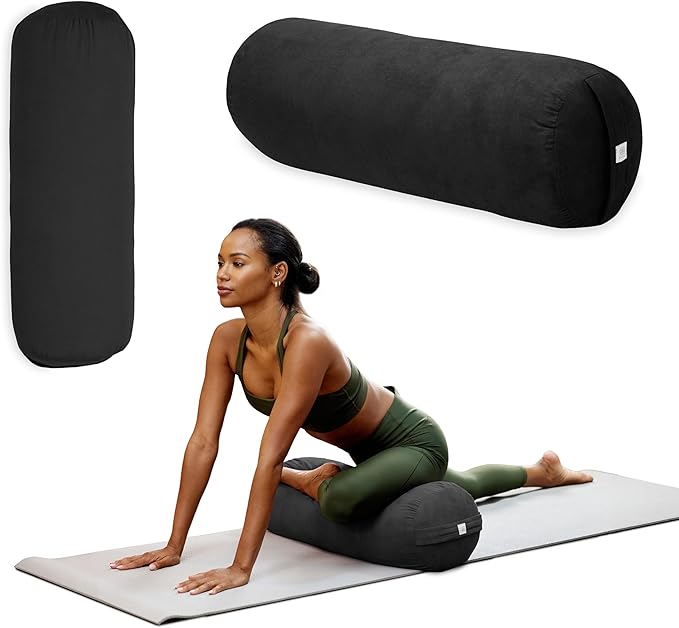 Gaiam Round Yoga Bolster Pillow, Soft Meditation Cushion for Yoga, Massage and Back Support, Breathable Cotton Fill, Zippered Microfiber Cover, Easy-Carry Handle, Machine Washable