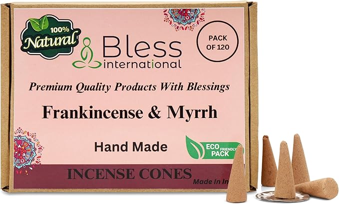 Bless International Frankincense-and-Myrrh 100%-Natural-Incense-Cones Handmade-Hand-Dipped Organic-Chemicals-Free for-Purification-Relaxation-Positivity-Yoga-Meditation The-Best-scents (120 Count)
