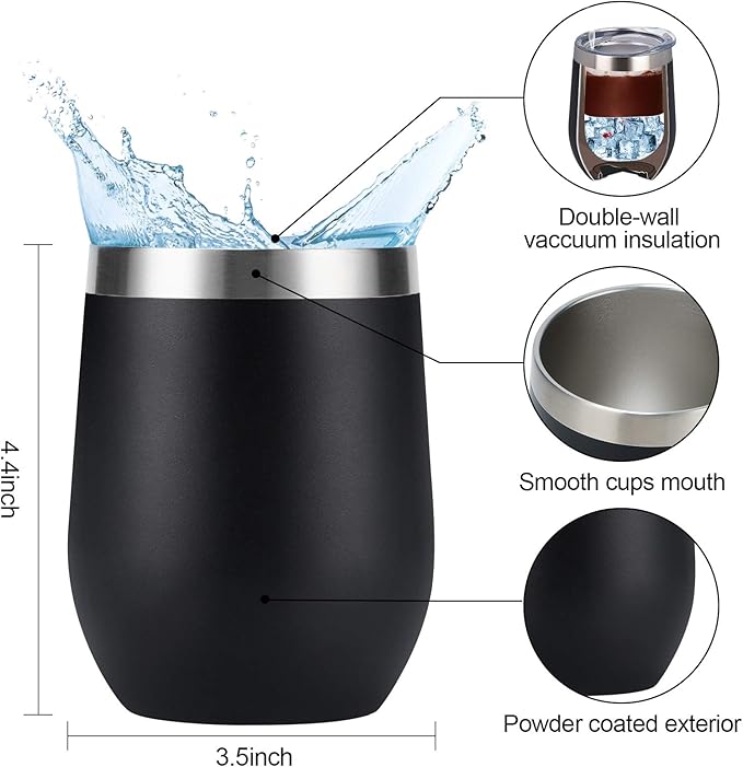 12 Pack Stainless Steel Wine Tumblers, 12Oz Double Wall Vacuum Insulated Wine Tumblers with Lids and Straws, Stainless Steel Stemless Wine Glasses for Coffee, Wine, Cocktails, Champaign, Black - Bloomnest