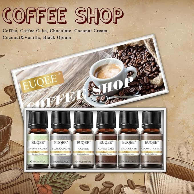 EUQEE 6PCS Coffee Fragrance Oil Set(10ml), Premium Fragrance Essential Oils Set for Candle Making, Diffuser-Coffee, Chocolate, Cake, Coconut Cream, Coconut & Vanilla EUQEE