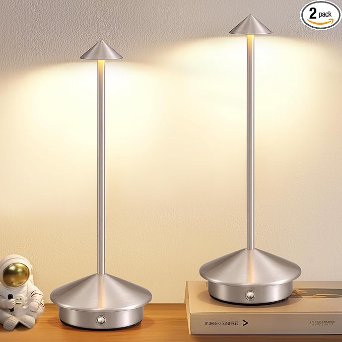 Modern Cordless Table Lamp Set of 2, Portable LED Desk Lamps, 5000mAh Rechargeable Battery Operated Lighting for Bedroom Dining Room Restaurant Coffee Shop Camping Night Light (Brushed Nickel) - Bloomnest