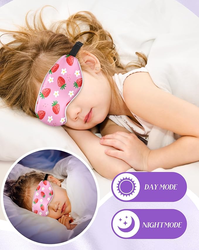 Sleep Mask for Kids - Silk Eye Mask for Sleeping Cute Cartoon Kids Sleep Mask for Boys Girls Teens Soft Smooth Adjustable Straps Silk Kids Eye Cover, Strawberry - Bloomnest