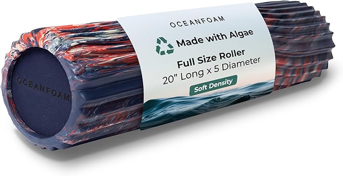 Oceanfoam Soft Tidal Roller (Dark Navy, Red and Natural Marbled) - Low Density Foam Roller for Physical Therapy, Back Pain, Exercise & Stretching - Wave Textured - Yoga, Wellness - Full Size, 20" x 5" - Bloomnest