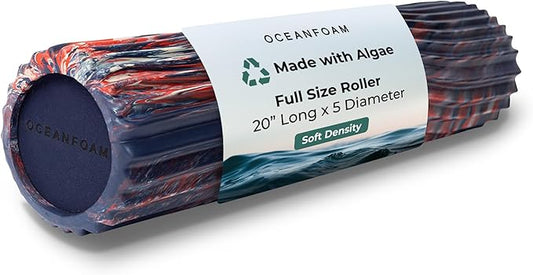 Oceanfoam Soft Tidal Roller (Dark Navy, Red and Natural Marbled) - Low Density Foam Roller for Physical Therapy, Back Pain, Exercise & Stretching - Wave Textured - Yoga, Wellness - Full Size, 20" x 5" - Bloomnest