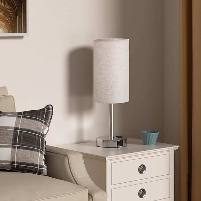 17.4Inch Bedside Touch Table Lamps for Bedroom Nightstand with USB-C USB-A Charging Ports White - 3 Way Dimmable Control Small Lamp Fabric Shade Silver Base for Office, Dorm Room, Living Room, Reading - Bloomnest
