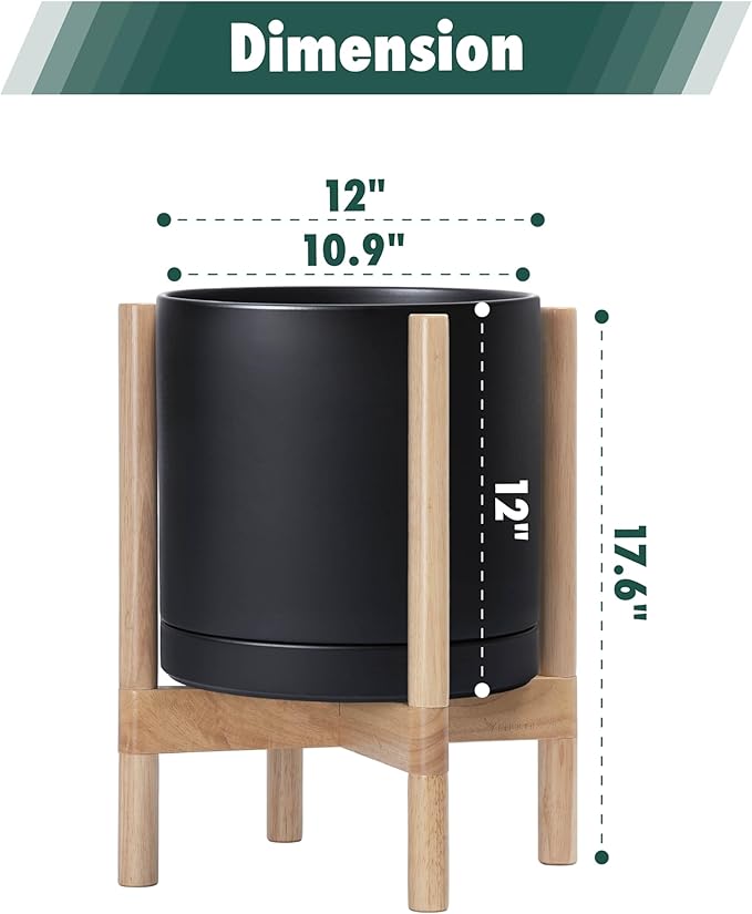 D'vine Dev Ceramic Planter with Natural Stand - 12 Inch Modern Round Flower Pot with Wood Planter Holder, Black, 55-B-J-2 - Bloomnest