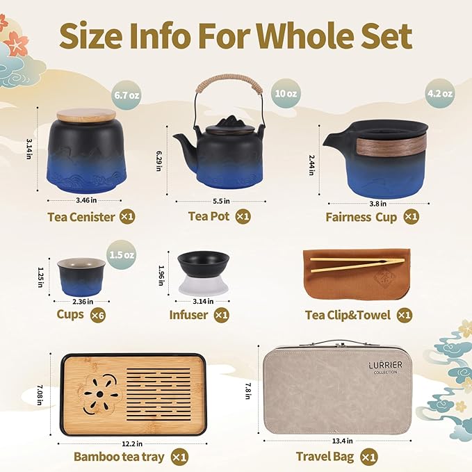 LURRIER Gongfu tea sets, Portable Ceramic TeaSet, Asian Tea sets for adult, Tea Gift sets, Grey leather case, Portable Travel Bag,Home,Gifting,Outdoor and Office(Black and Blue) - Bloomnest