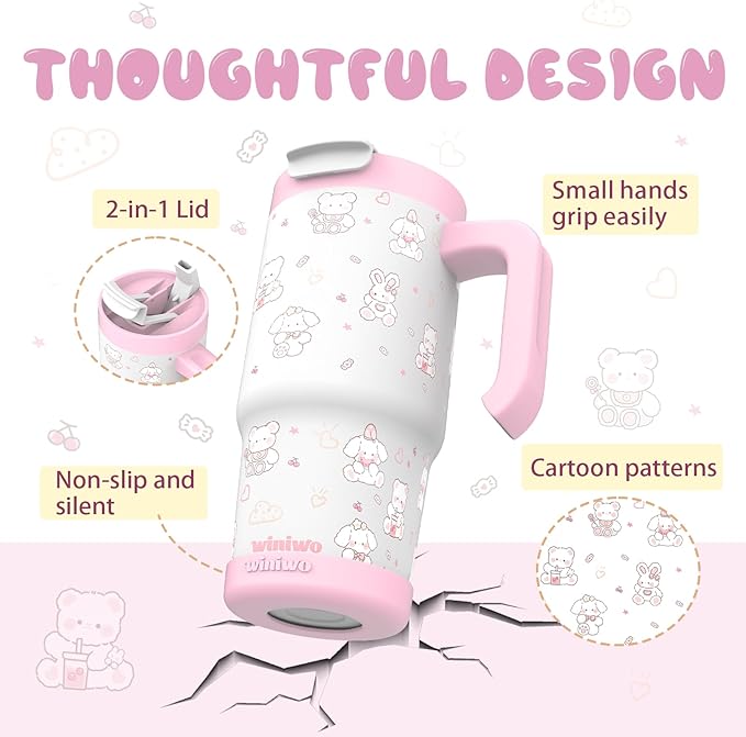 22 oz Tumbler with Handle for Kids, Easy to Hold, Spill-proof, Insulated Cups with Sip/Swig 2-in-1 Lid, Fit Most Car Cup Holders,School, Home,travel,Pink Rabbit - Bloomnest