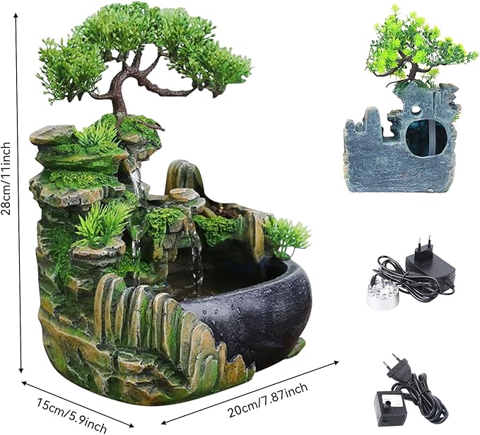 Tabletop Rockery Fountain Indoor Waterfall Bonsai Desktop Mini Rockery Water Fountain with Automatic Pump and LED Light, Home Office Bedroom Humidifier Desk Decorate (Style 1) - Bloomnest