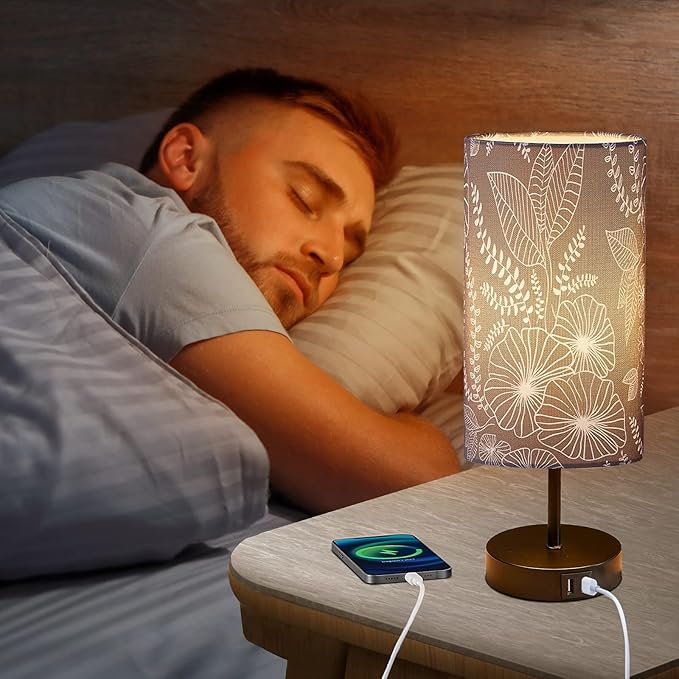 Touch Control Bedside Lamp with 2 USB Ports, 3-Way Dimmable Table lamp for Bedroom, Nightstand Lamp with Round Grey Fabric Shade for Living Room Home Office (E26 LED Bulb Included) - Bloomnest