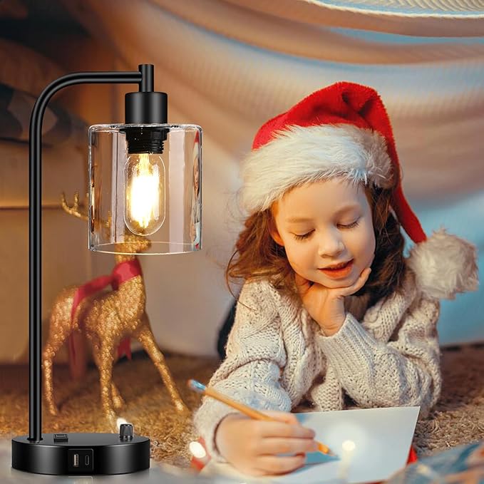 Set of 2 Industrial Table Lamps with USB Port, Fully Stepless Dimmable Bedside Lamps for Bedrooms, Nightstand Desk Lamp with Clear Glass Shade for Reading Living Room Office 2 LED Bulb Included - Bloomnest