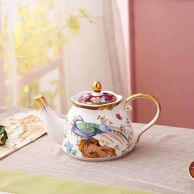 ACMLIFE Bone China Tea Set For One Teapot And Cup Set, Vintage Floral Tea Cup Set With Teapot and Saucer Set 12 Oz Bone China Teapot For One Set Red And White Gift Giving For Women (Fuchsia) - Bloomnest