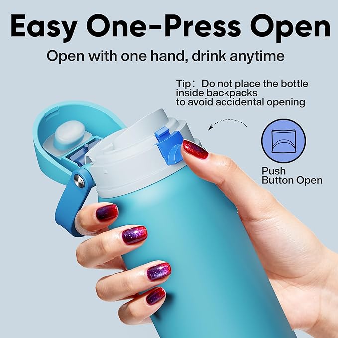 Insulated Water Bottle with Straw - Encool Stainless Steel Water Bottle with Push Button Lid, Leak-Proof & BPA-Free, Keeps Cold for 24 Hours for Sports, Travel, Gym (40 oz, Silk Blue) ENCOOL