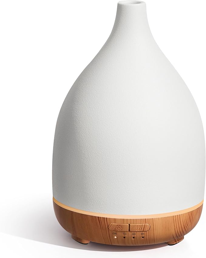 InnoGear Oil Diffuser, 300ML Ceramic Diffuser for Essential Oils Handcrafted Aromatherapy Diffuser Ultrasonic Cool Mist Humidifier with 4 Timers Waterless Auto Off for Room Office, White - Bloomnest