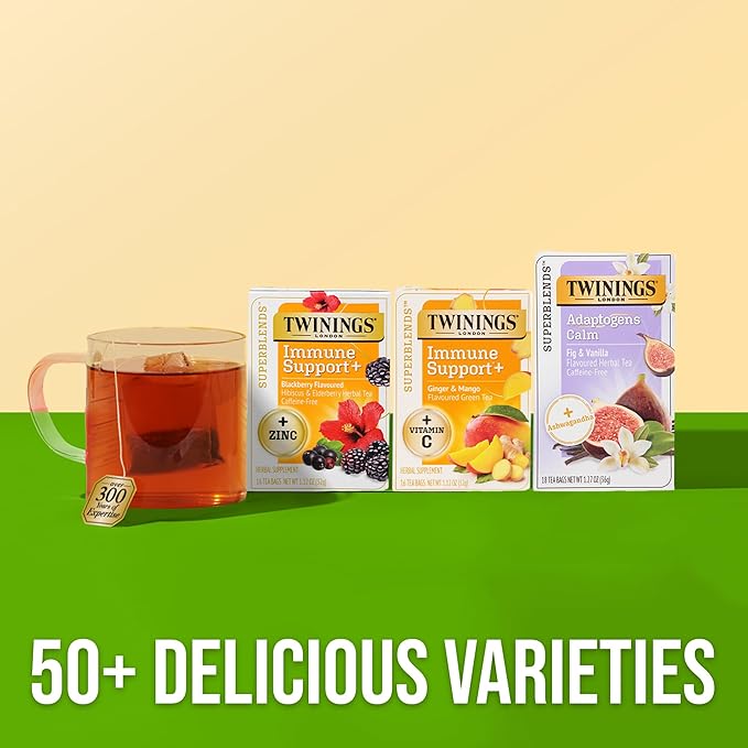 Twinings Superblends Immune Support+ Zinc Blackberry Flavoured Hibiscus & Elderberry Herbal, Naturally Caffeine-Free, 16 Count (Pack of 1), Enjoy Hot or Iced, 16 Teabags - Bloomnest