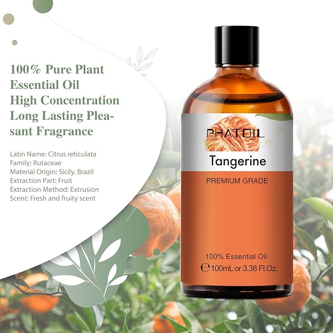 PHATOIL 3.38FL.OZ Tangerine Essential Oil, for Aromatherapy Diffusers, Humidifiers, Great for DIY Candle and Soap Making, Huge 100ML Bottle PHATOIL