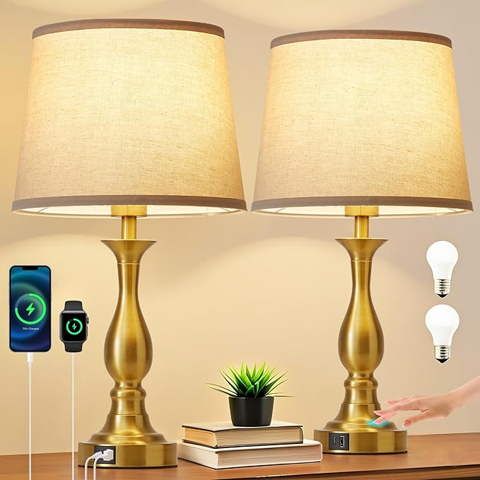 Bedside Table Lamp Touch Control Bedroom Lamps with USB A and C Charging Port 3 Way Dimmable Touch Lamps for Nightstand Living Room Bedroom Dorm Home Office Reading, Set of 2 - Bloomnest
