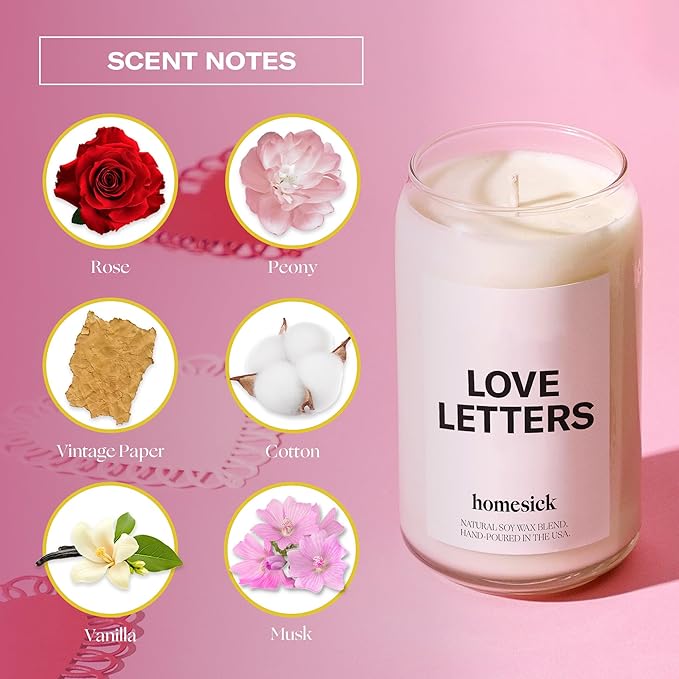 Homesick Scented Candles for Home (Love Letters) - 13.75 oz Natural Long-Lasting Soy Wax Blend Jar Candle Gifts for Women & Men, 60-80 Hours Burn Time - Notes of Rose, Jasmine & Peony - Bloomnest