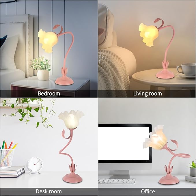 Cute Flower Desk Lamp, 3 Color Temperature Table Lamps with LED Bulb, Vintage Bedside Lamp, Reading Lamps with Soft Light for Bedroom, Living Room（Pink） - Bloomnest
