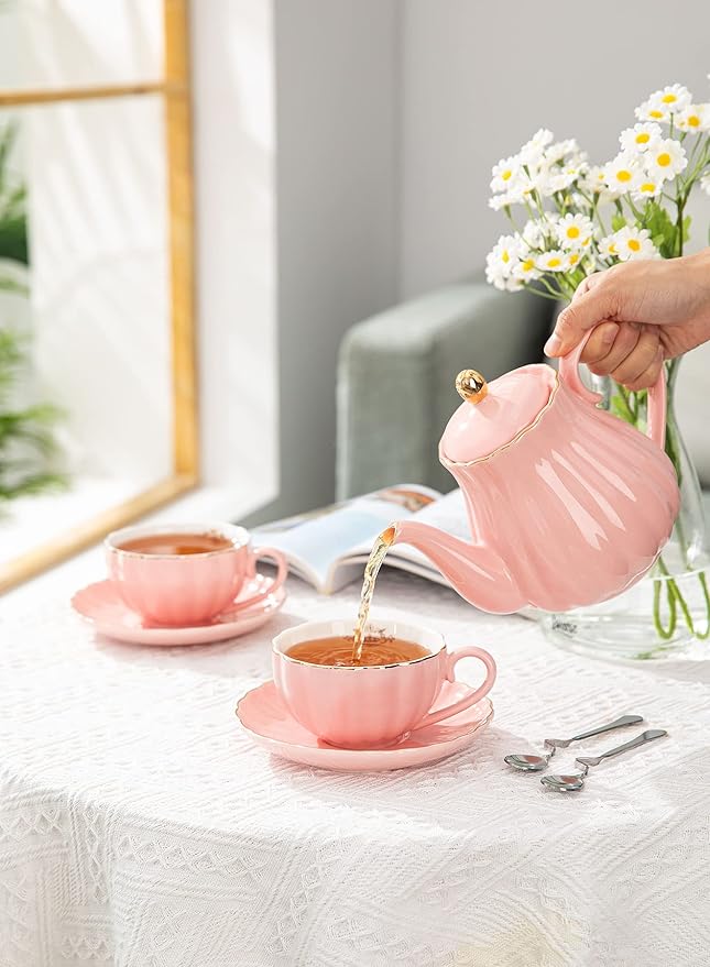 Amazingware Royal Teapot, Porcelain Tea Pot with Stainless Steel Infuser, with a Filter for Loose Tea, Pumpkin Fluted Shape - 28 oz, Pink - Bloomnest