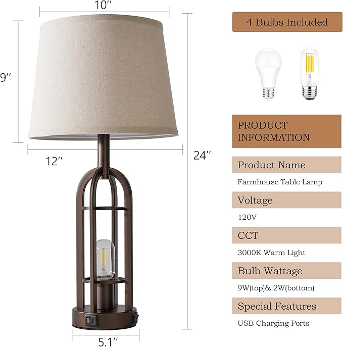 Table Lamps for Living Room End Table Set of 2 - Farmhouse Industrial Bedside Lamps for Bedroom Nightstand with Nightlight and USB A+C, 4 Bulbs Included - Bloomnest