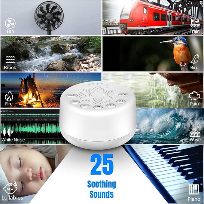 Sound Machine Easysleep White Noise Machine with 25 Soothing Sounds and Night Lights with Memory Function 32 Levels of Volume and 5 Sleep Timer Powered by AC or USB for Sleeping Relaxation (White) - Bloomnest