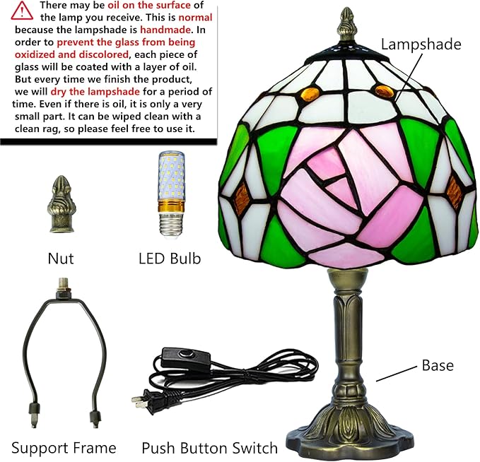 Pink Rose Tiffany Lamp, 8 Inch Small Stained Glass Lamp for Bedside, Bedroom, Living Room - Bloomnest