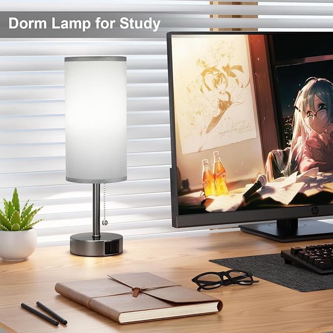 Grey Bedside Lamp for Bedroom Nightstand - Small Table Lamp with USB A + C Charging Port, 3 Color Temperatures Pull Chain Night Stand Light, Side Table Desk Reading Lamp for Living Room/Study Room - Bloomnest