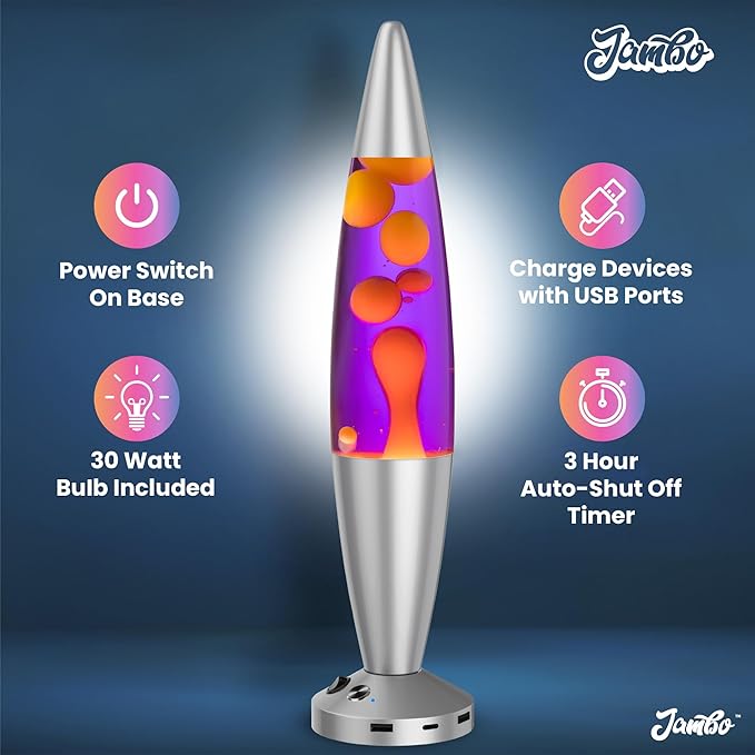 JAMBO Upgraded Motion Lamp – 16" Purple Liquid, Yellow Wax – USB Ports, Timer – Night Light for Adults, Teens, Kids – Bedroom, Living Room, Office Décor Lamp - Bloomnest