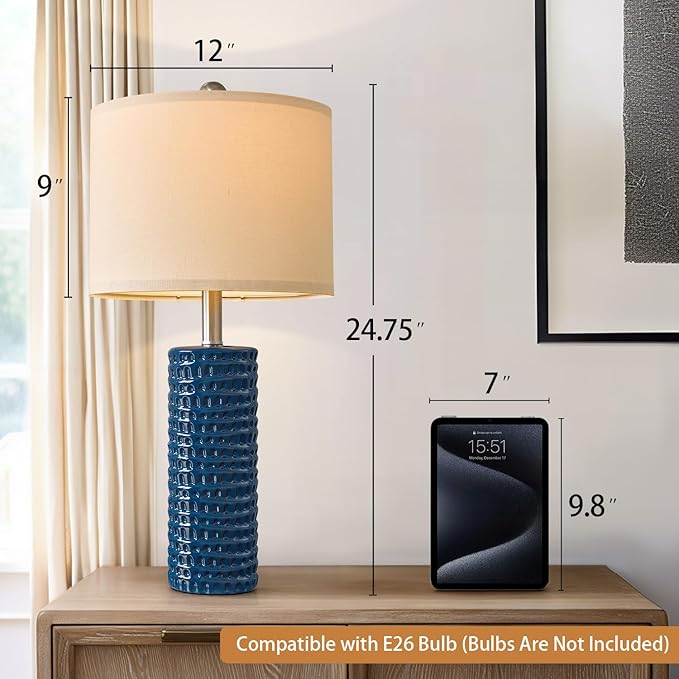 PORTRES 24.75" Modern Accent Ceramic Table Lamp Set of 2 for Bedroom Desk Decor Bedside Lamps for Living Room Study Room Office Dorm Farmhouse Nightstand Lamp End Table Lamps (Blue) - Bloomnest