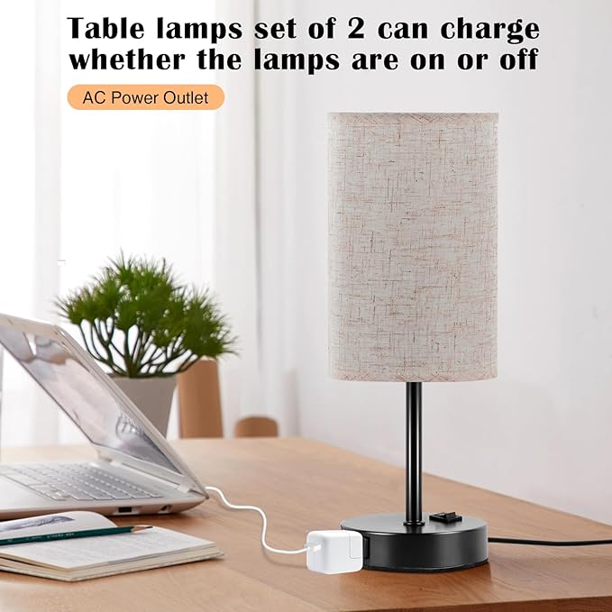ZJOJO Table Lamp for Bedroom Set of 2, Bedside Small Lamps with 3 Way Dimmable Rocker Switch and AC Outlet, Nightstand Desk Lamp with Flaxen Fabric Shade Black Base for Living Room Home Decor Lights - Bloomnest