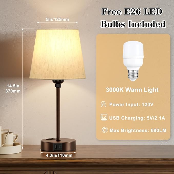 Acaxin Brown Bedside Lamps for bedrooms Set of 2 - Nightstand Bedroom Lamp with USB C Port and AC Outlet Charging, 3 Way Dimmable Touch Control Small Bed Side Table Lamp, Nightstand Light for Kids - Bloomnest