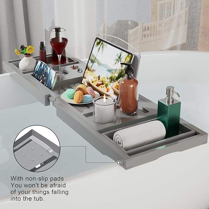Bathtub Caddy Tray for Tub,Foldable Bath Table Trays,Bamboo Shelf with Book and Wine Glass Holder,Bathroom Accessories Suitable for Luxury Spa or Reading,Gray - Bloomnest