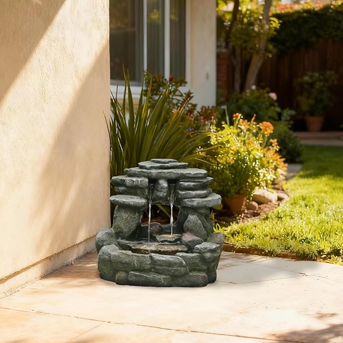 15.6''H Small Rock Water Fountain Outdoor&Indoor, 3-Tier Garden Waterfall with Warm Lights and 2 Flows for Patio, Backyard, Deck, Porch, Home DéCor, Stone Gray - Bloomnest