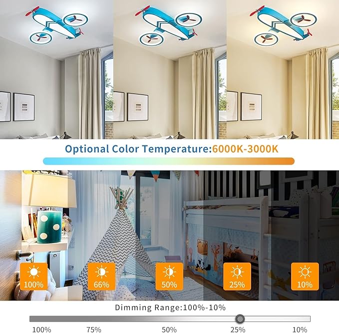 Kids Ceiling Lights for Bedroom Blue Airplane Light Fixture Mount 24.8" Kitchen Ceiling Light Fixtures 3000K-6000K with Remote 68W Flush Mount LED Lamp for Kids Room - Bloomnest