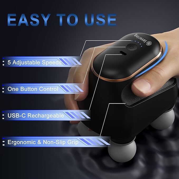4 Head Massage Gun Deep Tissue, Mini Percussion Muscle Massage Gun for Pain Relief, Portable Electric Muscle Massager with 5 Speeds, 3 Attachments, USB Rechargeable - Ideal Gift for Men & Women - Bloomnest