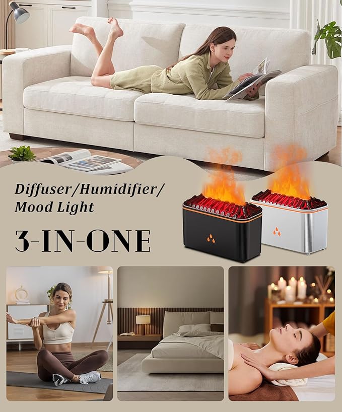 Essential Oil Diffuser, Flame Air Aromatherapy Diffuser, 7 Color Changing Light, Aromatherapy Humidifier with Auto Shut-Off for Home, Bedroom, Yoga, Spa(Black) - Bloomnest